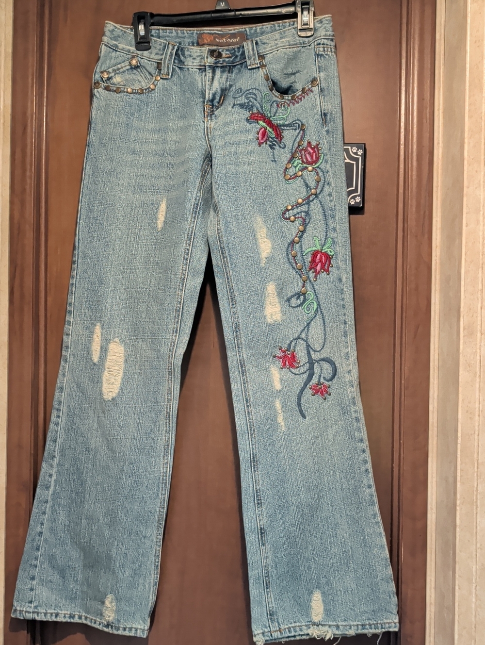 Wet Seal Light Blue Bootcut Jeans with Pink Floral Embroidery